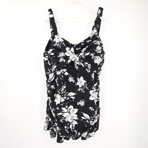Lands' End Black and White Floral Swim Dress